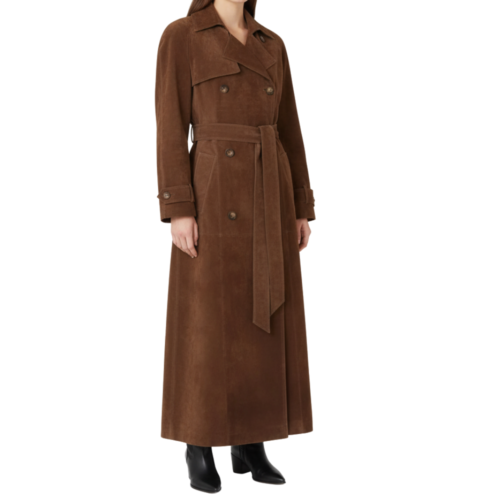 Brown suede trench coat worn by a person on a white background
