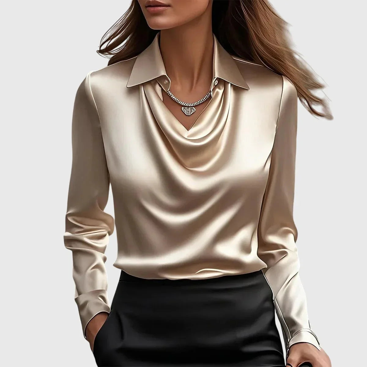 Women’s Long Sleeve Satin Blouse with Cowl Neckline | Marvenia London