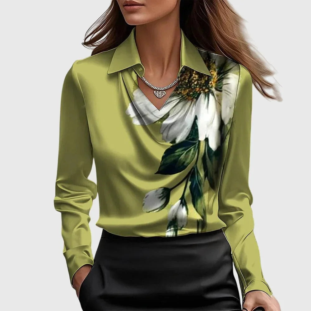 Women’s Long Sleeve Satin Blouse with Cowl Neckline | Marvenia London