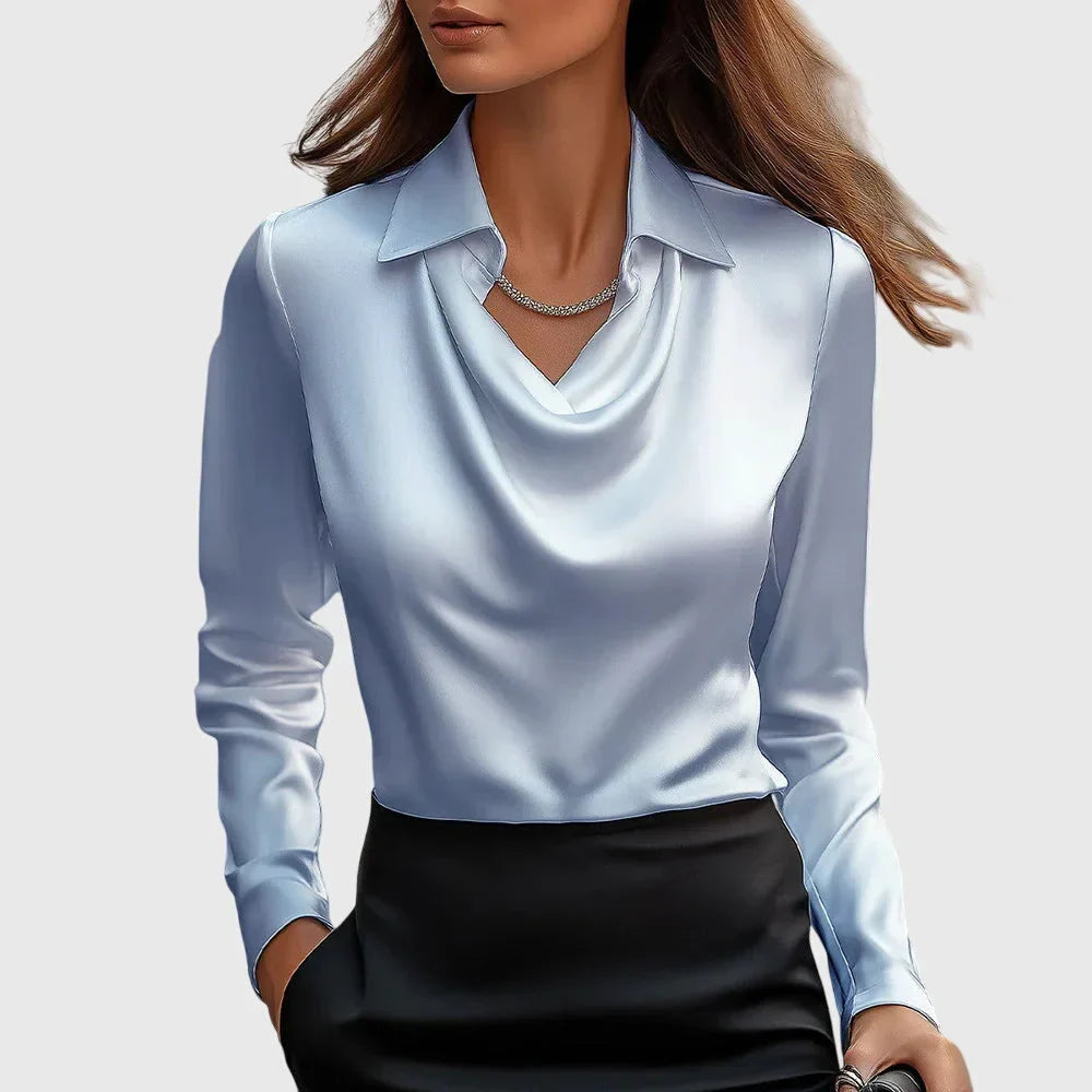Women’s Long Sleeve Satin Blouse with Cowl Neckline | Marvenia London