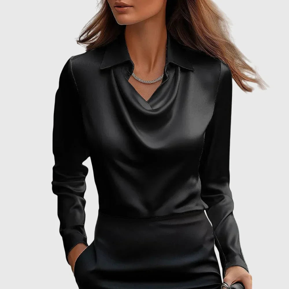 Women’s Long Sleeve Satin Blouse with Cowl Neckline | Marvenia London