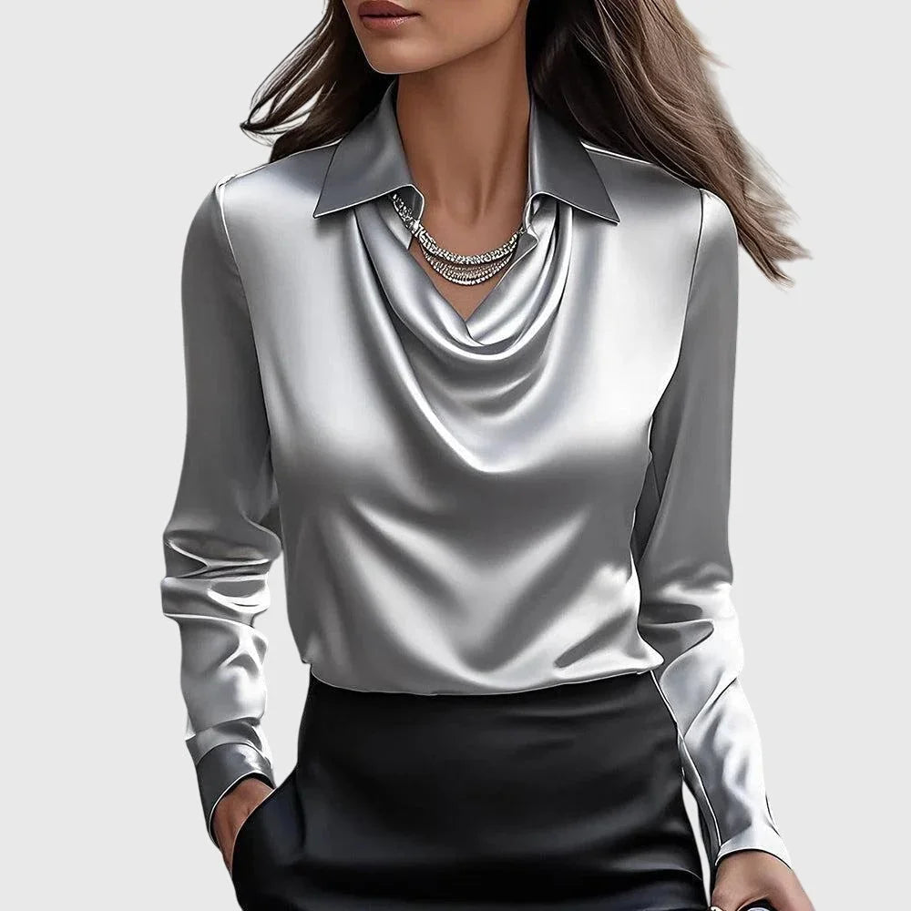 Women’s Long Sleeve Satin Blouse with Cowl Neckline | Marvenia London